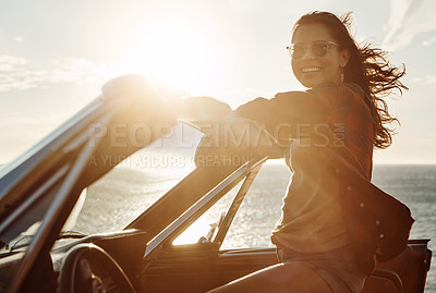 Buy stock photo Travel, car and portrait with woman by ocean for outdoor summer sunset, adventure and break. Vacation, drive and female person with smile on road trip for beach holiday, weekend or tourism in Croatia