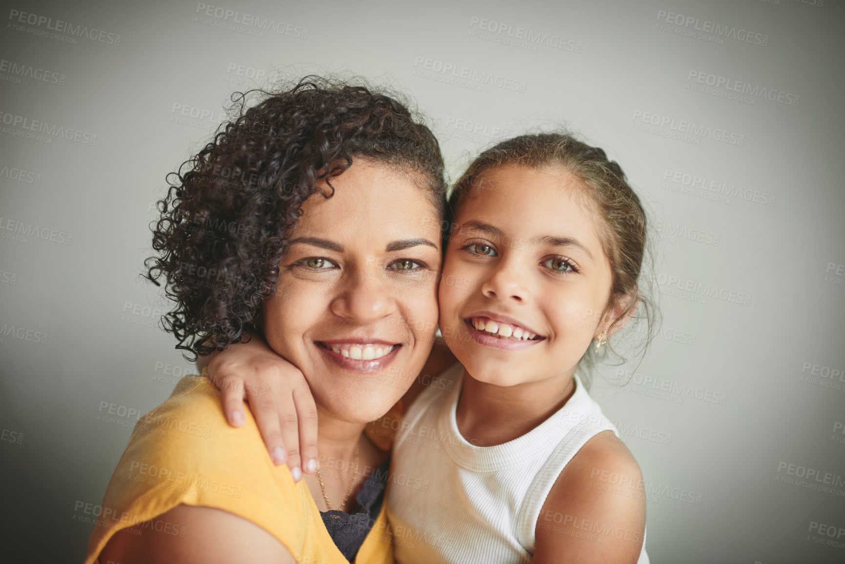 Buy stock photo Portrait, happy woman and child for gum health, together and bonding on studio background as family. Smile, mother and daughter with confidence, teeth and oral care for hygiene, dentistry or wellness