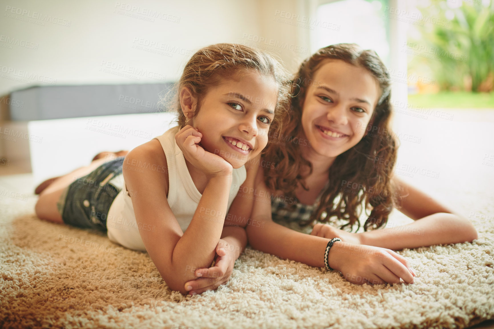 Buy stock photo Happy, relax and portrait of children on floor in bedroom for bonding, love and cute relationship. Family home, childhood and sisters with smile, joy and cheerful for fun, playing or chill on weekend