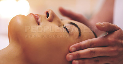 Buy stock photo Spa, treatment and head massage for female client, scalp and temple for stress relief. Skincare, beauty and luxury cosmetology for facial in salon, zen and relax for body care and beautician wellness