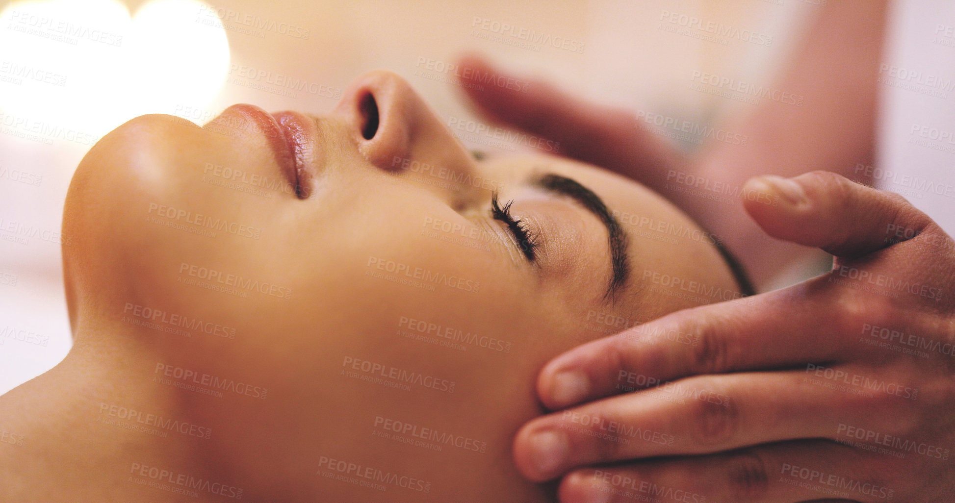 Buy stock photo Spa, treatment and head massage for female client, scalp and temple for stress relief. Skincare, beauty and luxury cosmetology for facial in salon, zen and relax for body care and beautician wellness