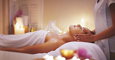 Buy stock photo Beauty, luxury and woman with massage, spa and peace with stress relief, wellness and body treatment. Female person, employee and masseuse with a client, relax or calm with physical therapy or health