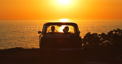 Buy stock photo Beach, silhouette and people in car at sunset for freedom, travel or road trip together. Dark, summer and friends in transport in the evening at the ocean for a date, vacation or adventure by the sea