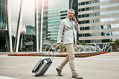 Buy stock photo City, luggage and phone call with business man outdoor, walking in parking lot of airport. Building, suitcase and travel with mature employee in urban town as corporate professional for conversation