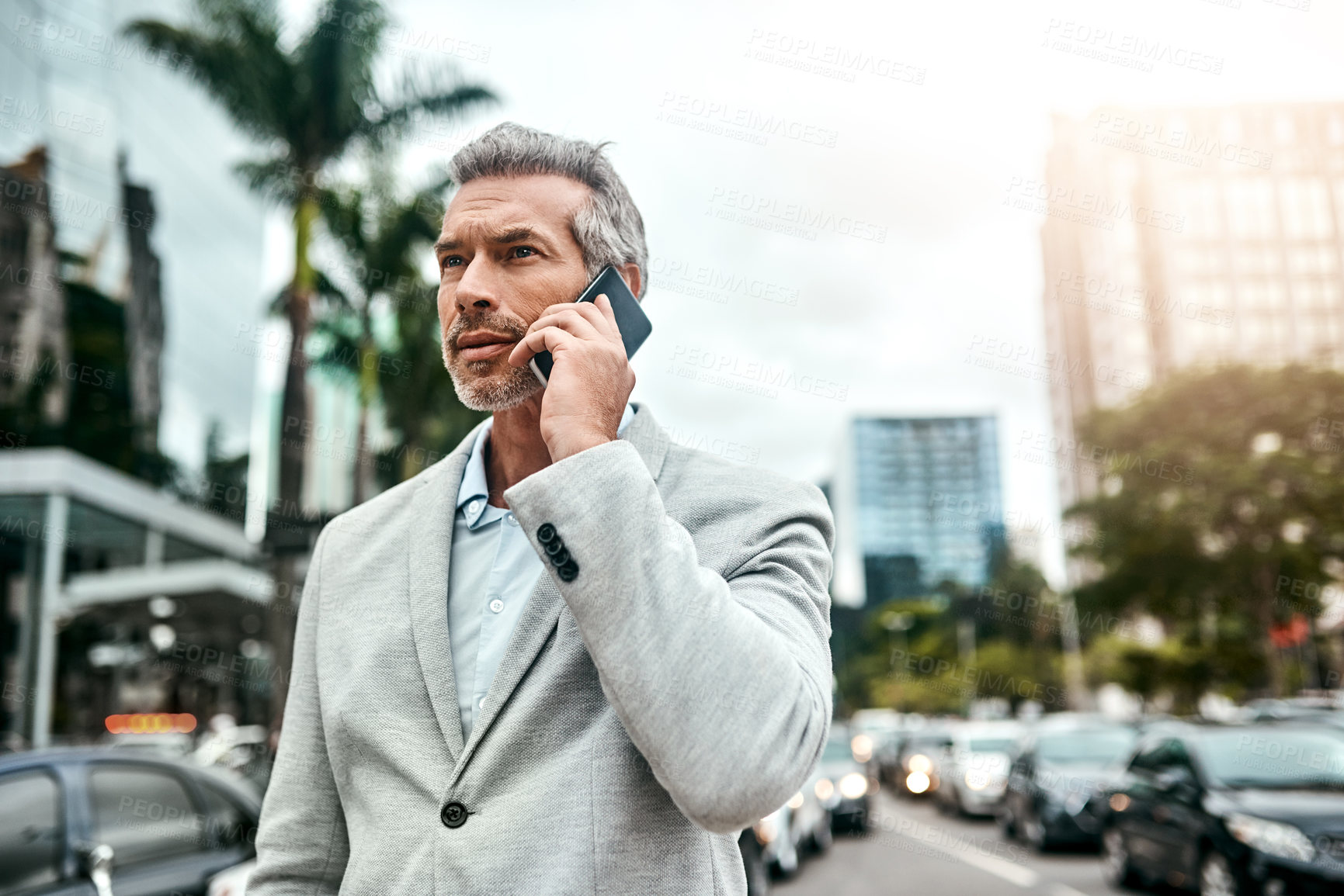 Buy stock photo City, phone call and walking of business man outdoor on street for commute to work. Building, traffic and travel with mature employee thinking in urban town as corporate professional for conversation