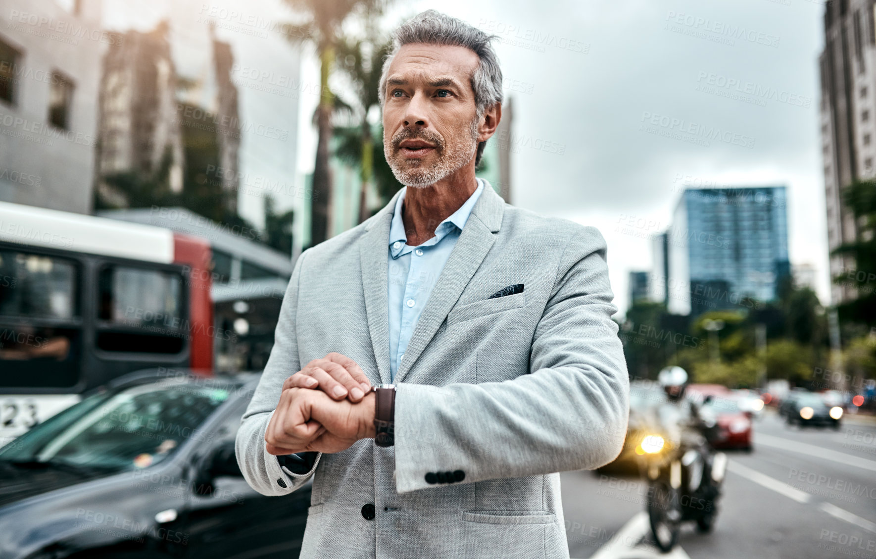 Buy stock photo Mature, businessman and checking time in city for planning as real estate agent for morning commute. Male person, outdoor and running late with thinking, travel or career in property investment in UK