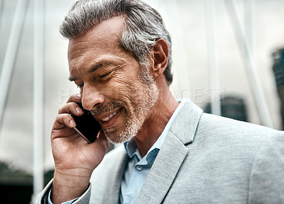 Buy stock photo Outside, business and man with smile in phone call for good news and communication on company growth. Mature  person, corporate and happy employee on conversation, networking or connection in England