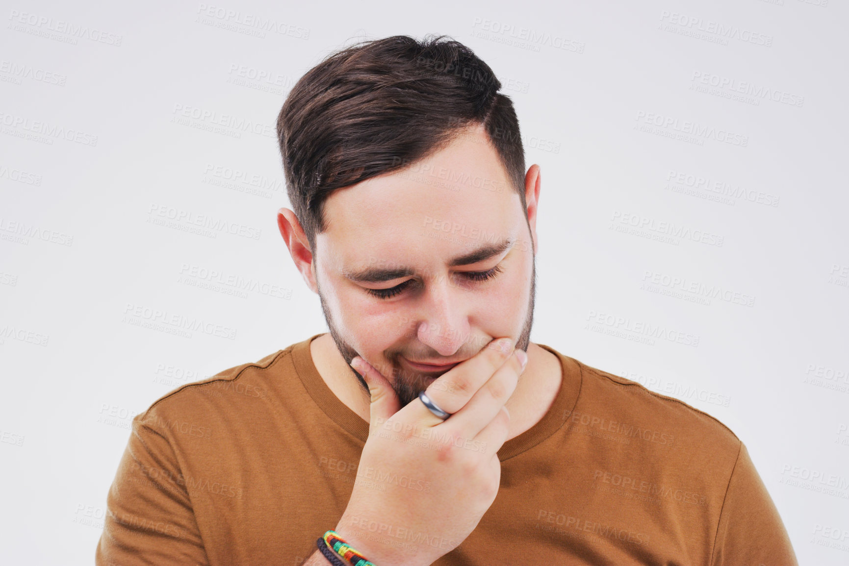 Buy stock photo Confused, thinking and question with man in studio on white background for idea or problem solving. Doubt, planning or solution and person with hand of chin for brainstorming or contemplation