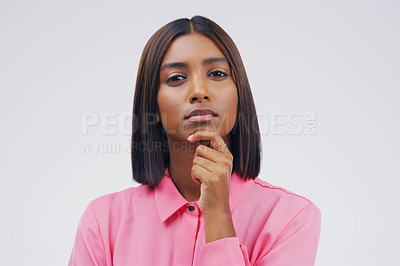 Buy stock photo Business woman, portrait and thinking for idea, decision or choice against a white studio background. Isolated thoughtful female person in doubt, ideas or wondering for question or remember on mockup