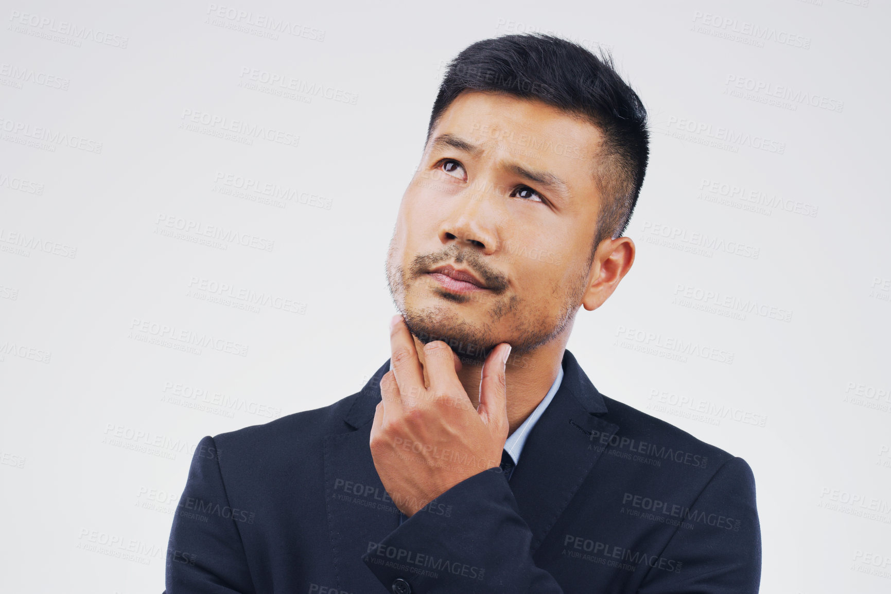 Buy stock photo Thinking, doubt and an Asian businessman with ideas isolated on a white background in a studio. Idea, space and a corporate employee with a choice, decision or planning a question on a backdrop