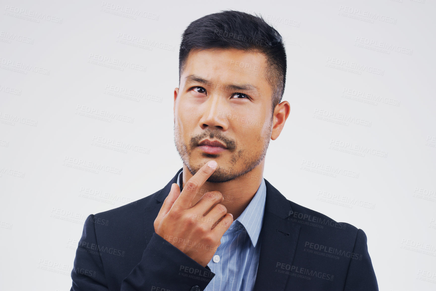 Buy stock photo Thinking, planning and an Asian businessman with ideas isolated on a white background in a studio. Idea, business and a corporate employee with a choice, decision or remember question on a backdrop