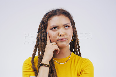 Buy stock photo Doubt, confused and gen z girl thinking in studio on mockup, space and white background. Choice, problem solving and female model decide, puzzled face and unsure of decision or option and idea emoji