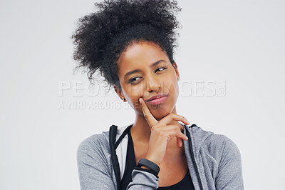 Buy stock photo Serious, black woman and isolated thinking of fitness, workout doubt or planning exercise and health goals. Girl, think or plan decision for training, gym or remember sport ideas on white background