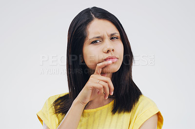 Buy stock photo Mockup space, portrait of woman and thinking against a white background. Remember, solution planning for decision and isolated female person face with her problem solving against a studio backdrop.