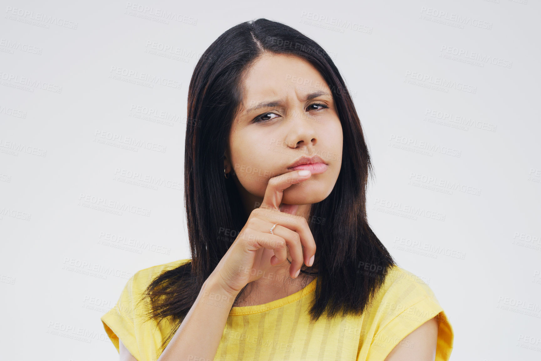 Buy stock photo Mockup space, portrait of woman and thinking against a white background. Remember, solution planning for decision and isolated female person face with her problem solving against a studio backdrop.