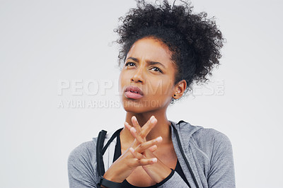 Buy stock photo Face, isolated and black woman thinking of fitness, workout idea or doubt planning and health goals. Girl, think or plan decision for training, gym or remember sport ideas on white background