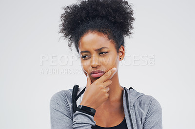 Buy stock photo Isolated, black woman and serious thinking of workout idea, fitness or planning exercise and health goals. Girl, think or plan decision for training, gym or remember sport ideas on white background