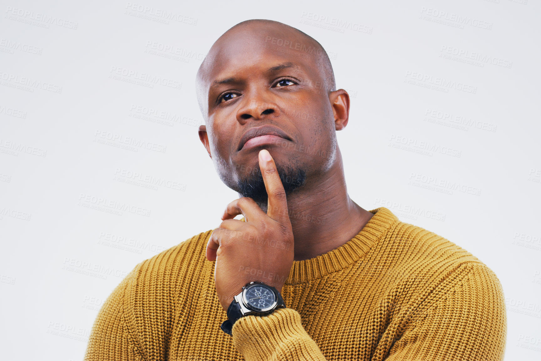 Buy stock photo Thinking, planning and a black man with focus for a decision isolated on a white background in a studio. Idea, young and an African person with ideas gesture, remember plan and a choice on a backdrop