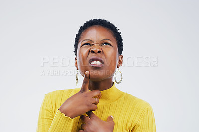 Buy stock photo Thinking, confused and black woman with doubt for question, problem solving or brainstorming solution isolated on white studio background. Idea, serious and person planning future facial expression