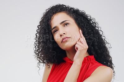 Buy stock photo Thinking, confused and woman in studio with decision on mockup, space and white background. Doubt, contemplating and female person wondering, choice and solution, problem solving and puzzled emoji