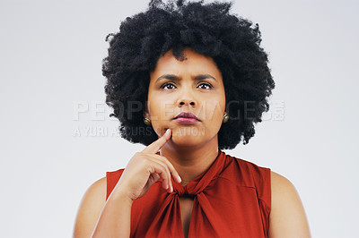 Buy stock photo Thinking, frown and woman in studio with anxiety, decision and choice on grey background space. Doubt, suspicious and African female person with worry, stress or fear, contemplating or confused emoji