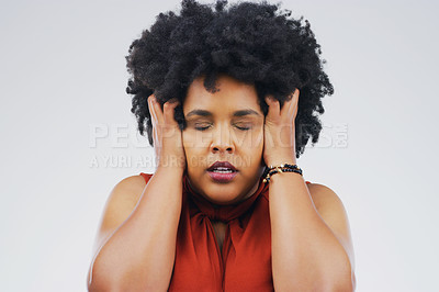 Buy stock photo Stress, headache and woman cover ears in studio, white background and problem of noise, anxiety and vertigo. Face, female model and migraine of fear, mental health and scared of trauma, mind and pain