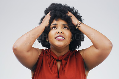 Buy stock photo Frustrated, stress and problem by woman in studio annoyed, angry and upset on grey background. Fail, mistake and African female person overwhelmed by crisis, fear and mental health issue or anxiety