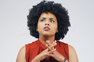 Buy stock photo Anxiety, thinking and woman in studio with frown, decision and choice on grey background space. Confused, suspicious and African female person with worry, stress or fear, contemplating or doubt 