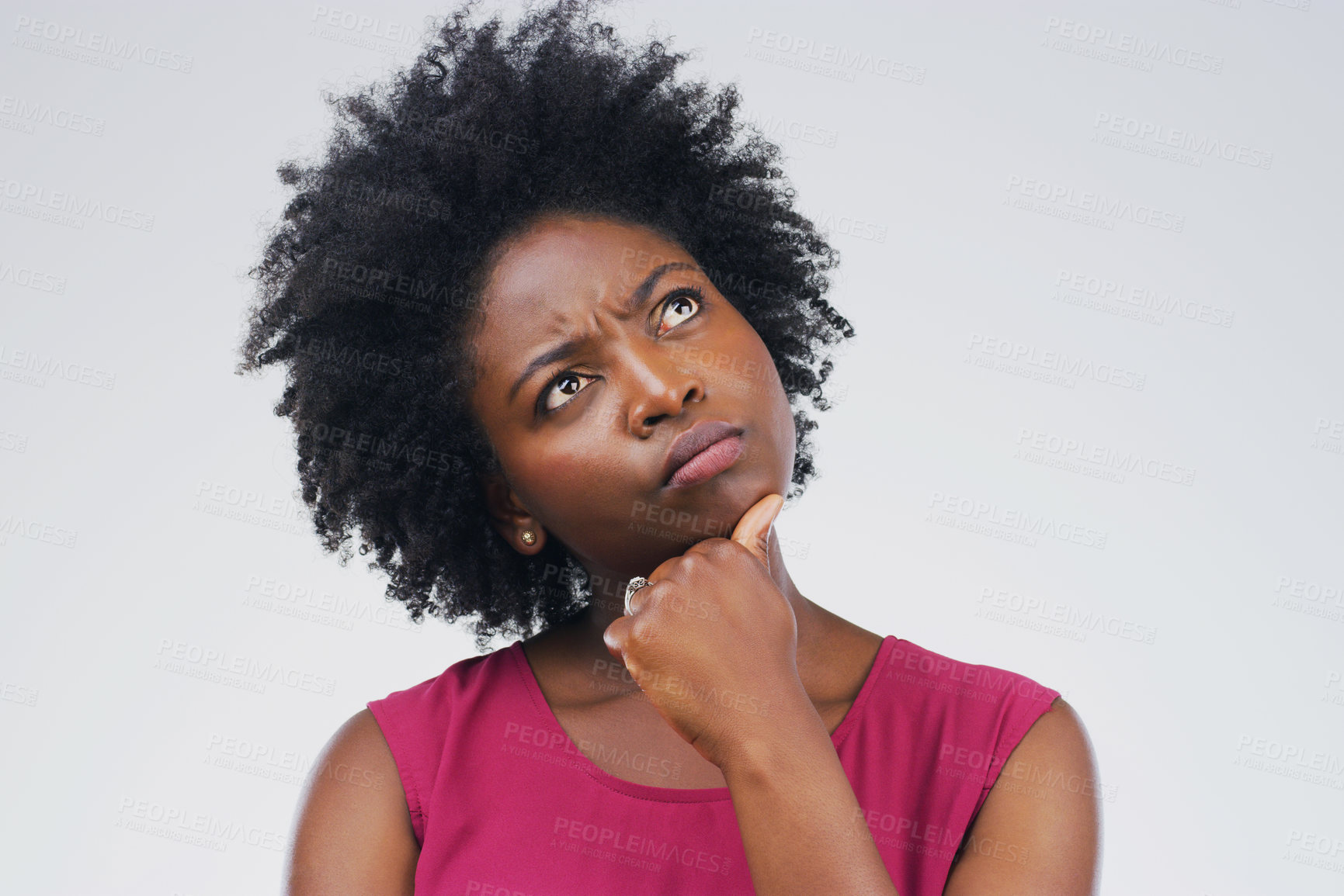 Buy stock photo Black woman, thinking and confused in studio with decision or choice on space pr grey background. Doubt, unsure and African female person contemplating, solution and emoji, puzzled and skeptical
