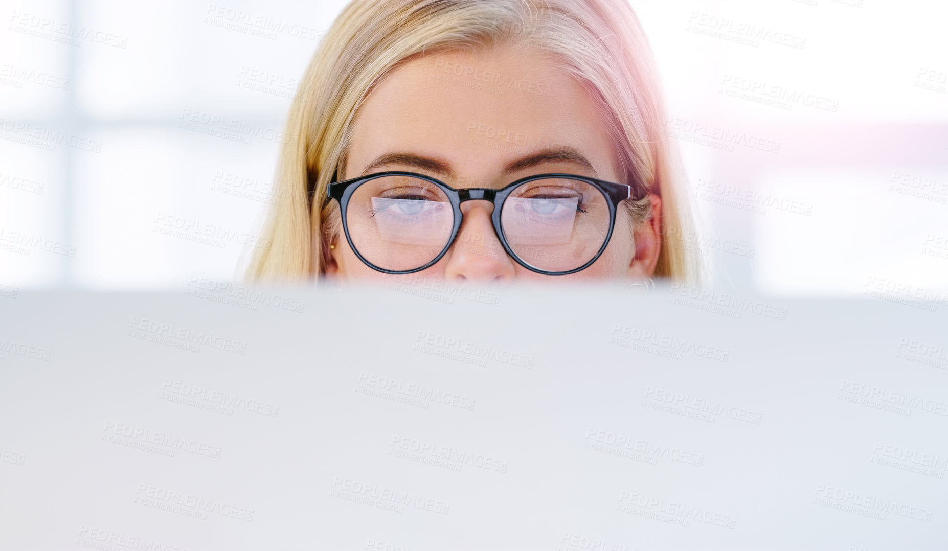 Buy stock photo Office, glasses and computer for working, woman and vision for typing, job and receptionist in agency. Secretary, laptop and internet in workplace, email and schedule of company by person or employee