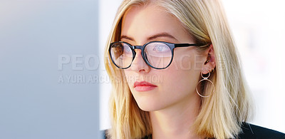Buy stock photo Office, glasses and computer for reading, woman and vision for work, job and receptionist in agency. Secretary, laptop and internet in workplace, email and schedule of company by person or employee
