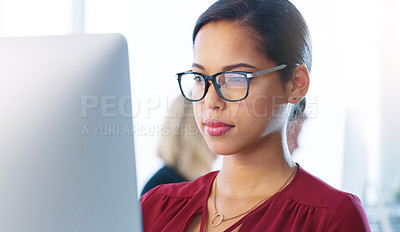 Buy stock photo Office, glasses and computer for writing, woman and vision for reading, research and copywriter in agency. Project, monitor and internet in workplace, email and blog of company by person or employee