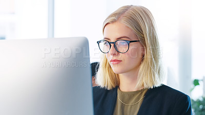 Buy stock photo Office, glasses and computer for woman, search and vision for typing, job and receptionist in agency. Secretary, laptop and internet in workplace, email and schedule of company by person or employee