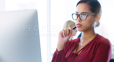 Buy stock photo Ideas, glasses and computer for thinking, woman and vision for office, job and receptionist in agency. Secretary, laptop and internet in workplace, email and schedule of company by person or employee