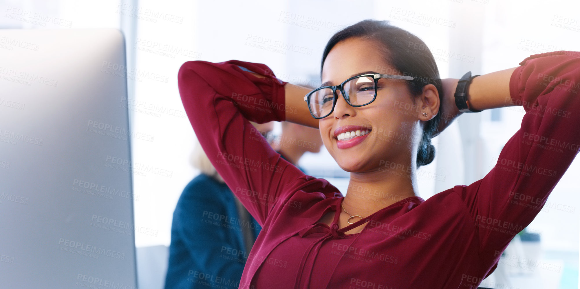 Buy stock photo Relax, computer and a business woman done working for the day in her office with her hands behind her head. Happy, flare and complete with a young female employee at work online using a desktop
