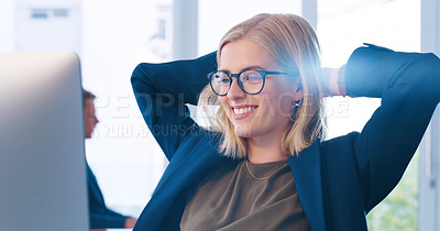 Buy stock photo Relax, computer and a business woman done with work for the day in her office with her hands behind her head. Happy, flare and complete with a young female employee working online using a desktop