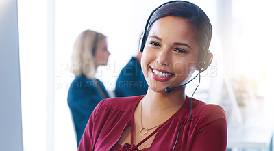 Buy stock photo Happy virtual assistant, portrait or woman in call center for customer service, tech support or contact. Face, agent or sales consultant talking in telemarketing, CRM or telecom company in headset 