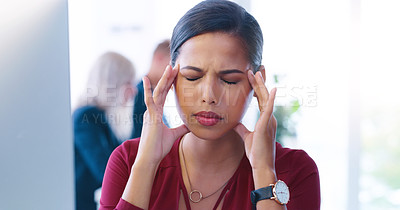 Buy stock photo Woman, stress and headache or pain in office with tension, working with people for debt management. Female salesperson and migraine at workplace with hands for strain, company with help for loan
