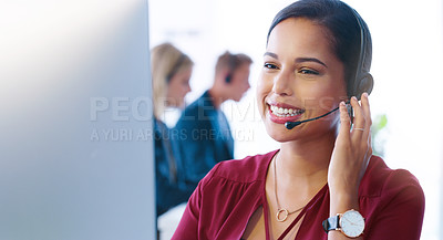 Buy stock photo Happy virtual assistant, headset or woman in call center for customer service, tech support or contact. Face, agent or sales consultant talking in telemarketing, business or telecom company for CRM