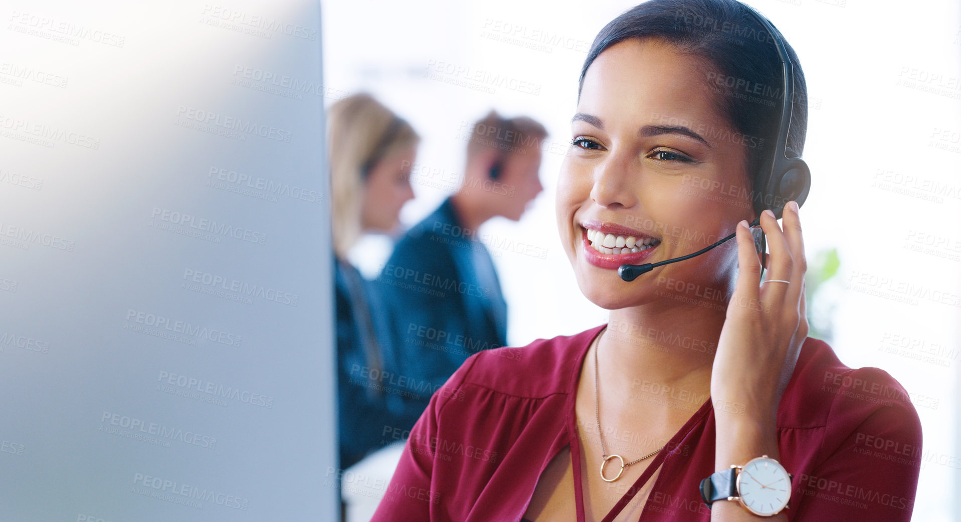 Buy stock photo Happy virtual assistant, headset or woman in call center for customer service, tech support or contact. Face, agent or sales consultant talking in telemarketing, business or telecom company for CRM