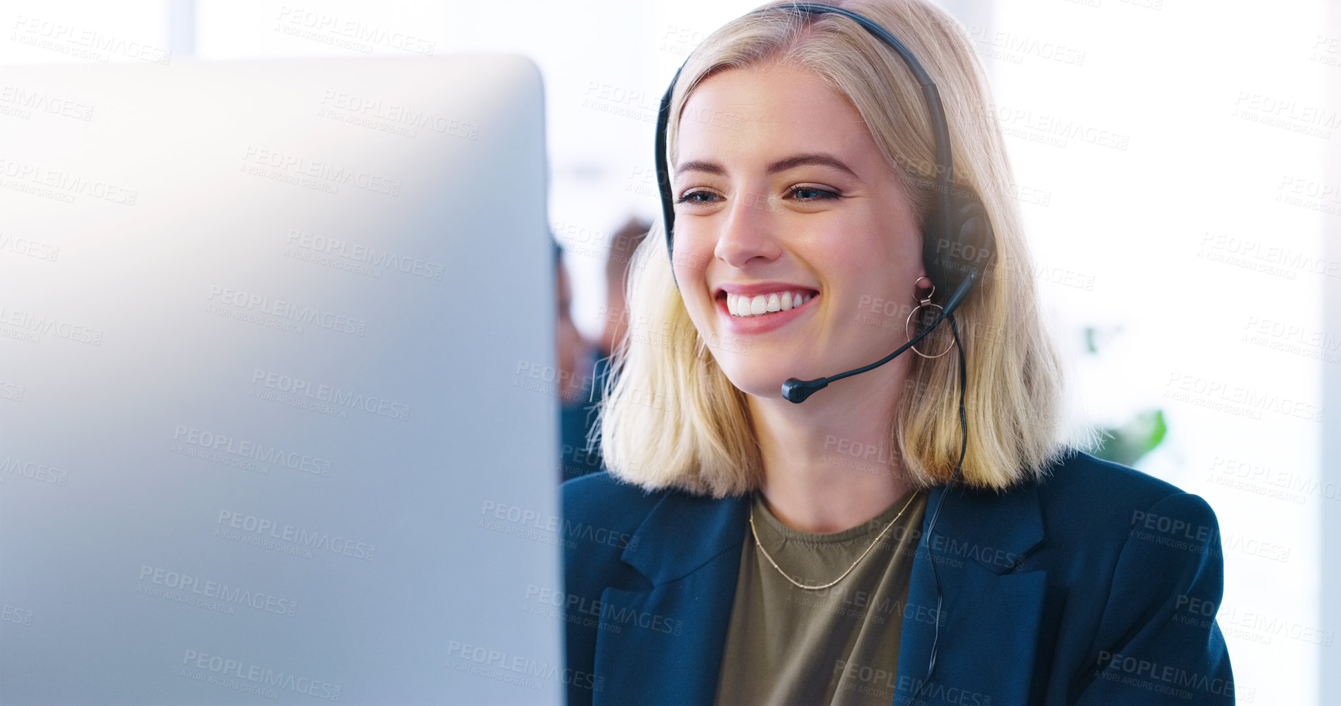 Buy stock photo Happy virtual assistant, computer or woman in call center for customer service, tech support or contact. Face, agent or sales consultant talking in telemarketing, business or telecom company for CRM 