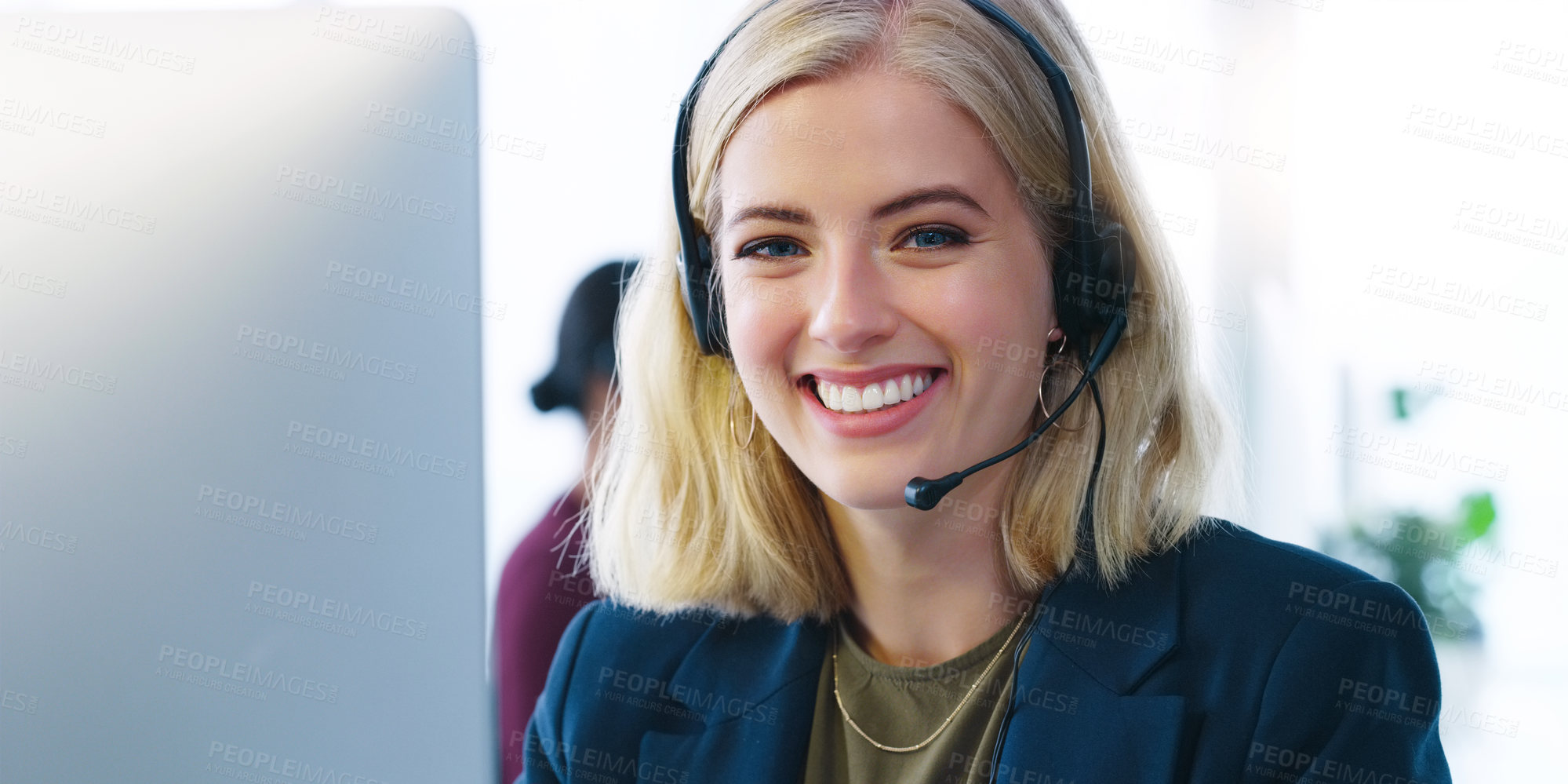 Buy stock photo Portrait of virtual assistant, smile or woman in call center for customer service, tech support or computer. Happy, agent and sales consultant talking in telemarketing, business or telecom company