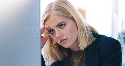Buy stock photo Computer, face and stress with business woman at desk in office for online deadline or report. Anxiety, burnout and depression from 404, compliance or glitch and employee in workplace with debt
