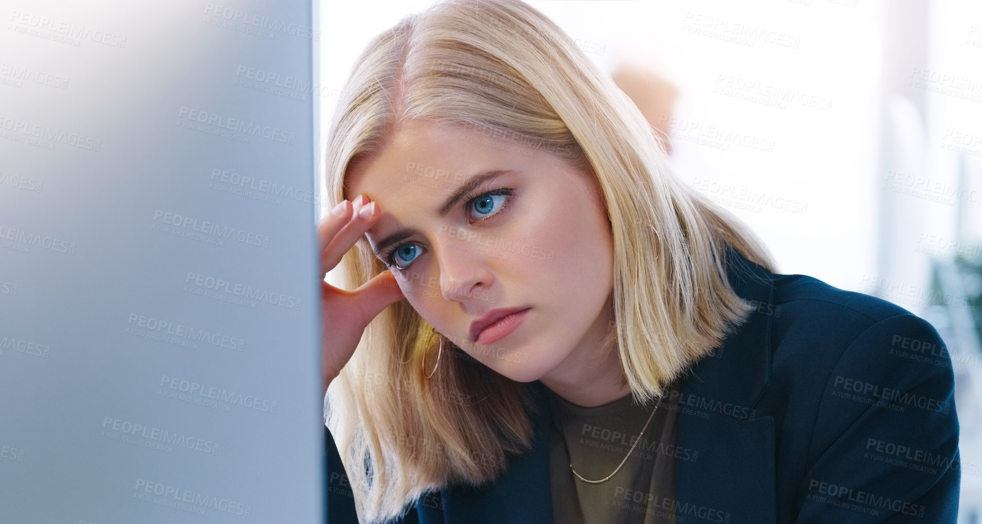 Buy stock photo Computer, face and stress with business woman at desk in office for online deadline or report. Anxiety, burnout and depression from 404, compliance or glitch and employee in workplace with debt
