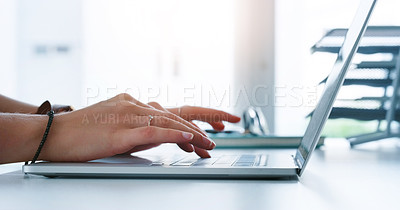Buy stock photo Office, laptop and hands typing on desk for email, report or working on project in company. Computer, closeup and business person on keyboard at table for search online, network or agent writing info