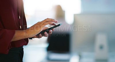 Buy stock photo Woman, hands and phone in office for social media, email and digital marketing in workplace. Networking, research and internship in startup company for communication, contact and mobile device