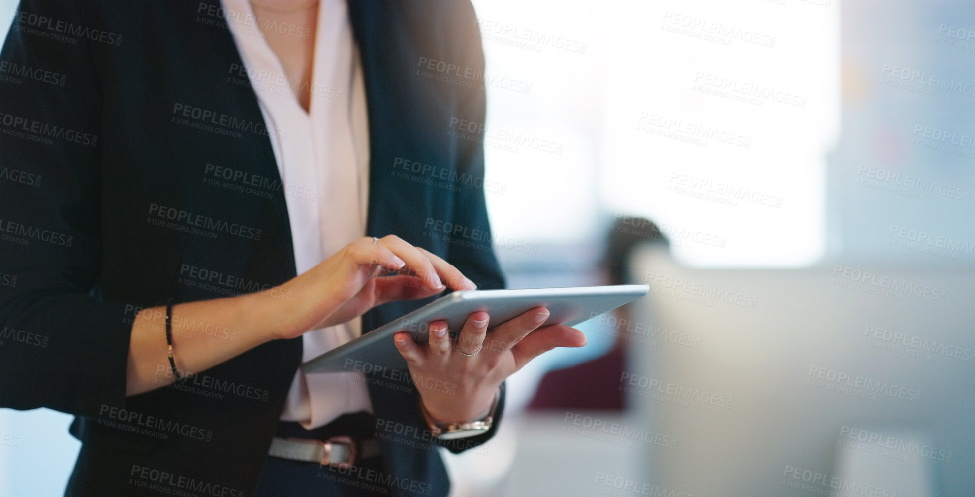 Buy stock photo Woman, business and online on tablet in office for corporate research for task or project and networking. Female entrepreneur, closeup and browsing on company website for feedback and information.