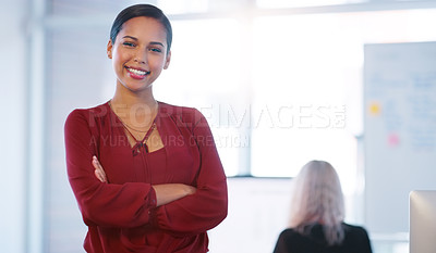 Buy stock photo Business, happy and portrait of girl in office for internship as secretary for company, admin work and tasks. Female employee, confident and working or part time for administration to learn skills.