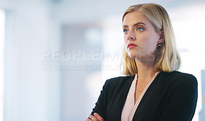 Buy stock photo Business woman, serious and thinking in the office, professional ambition and pride with determination. Mockup space, drive and confidence in career with young financial advisor in the workplace