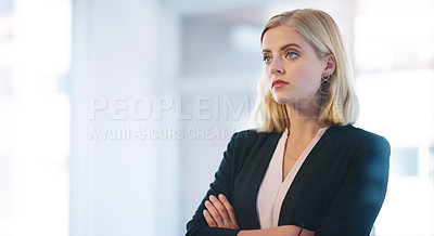 Buy stock photo Business woman, serious and thinking with arms crossed, professional ambition and pride with determination. Motivation, drive and confidence in career with young financial advisor in the workplace